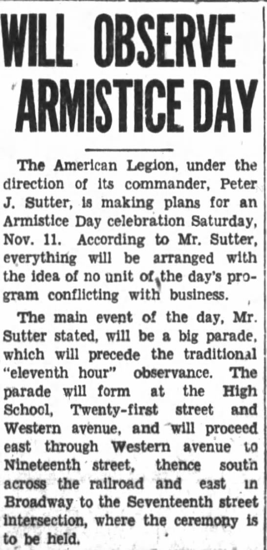 Will Observe Armistice Day